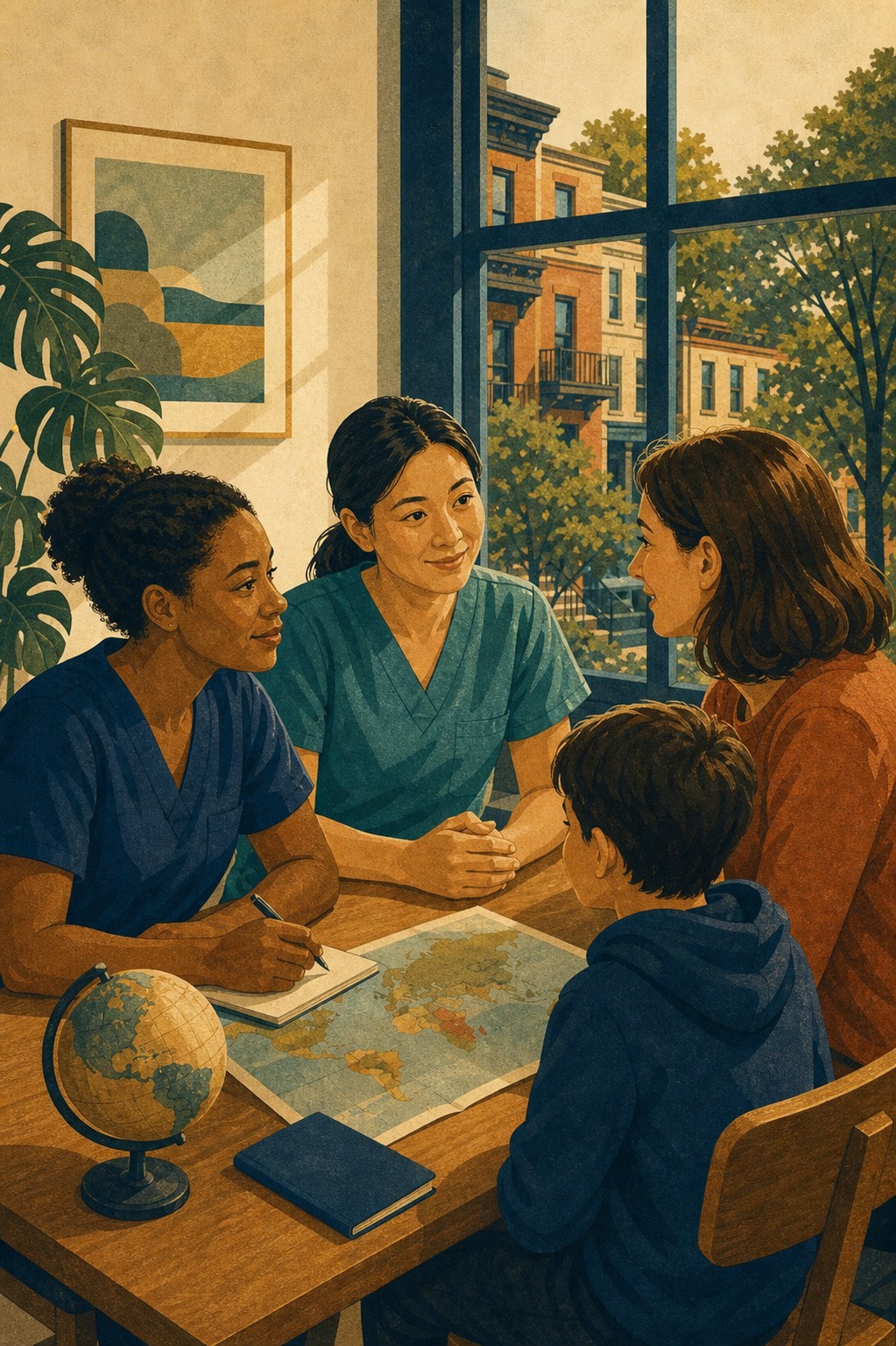 Two nurses discuss a travel itinerary with a family