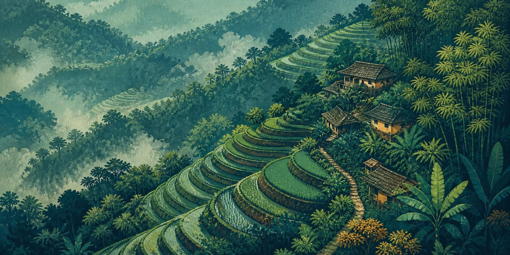 Illustration of terraced fields in misty highlands