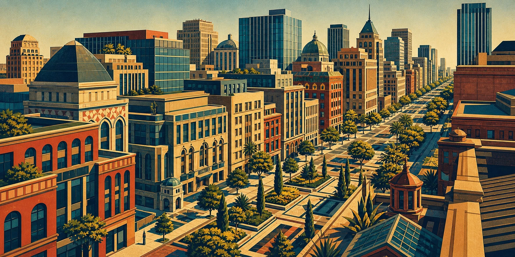 Illustration d’une ville internationale bordée d’arbres