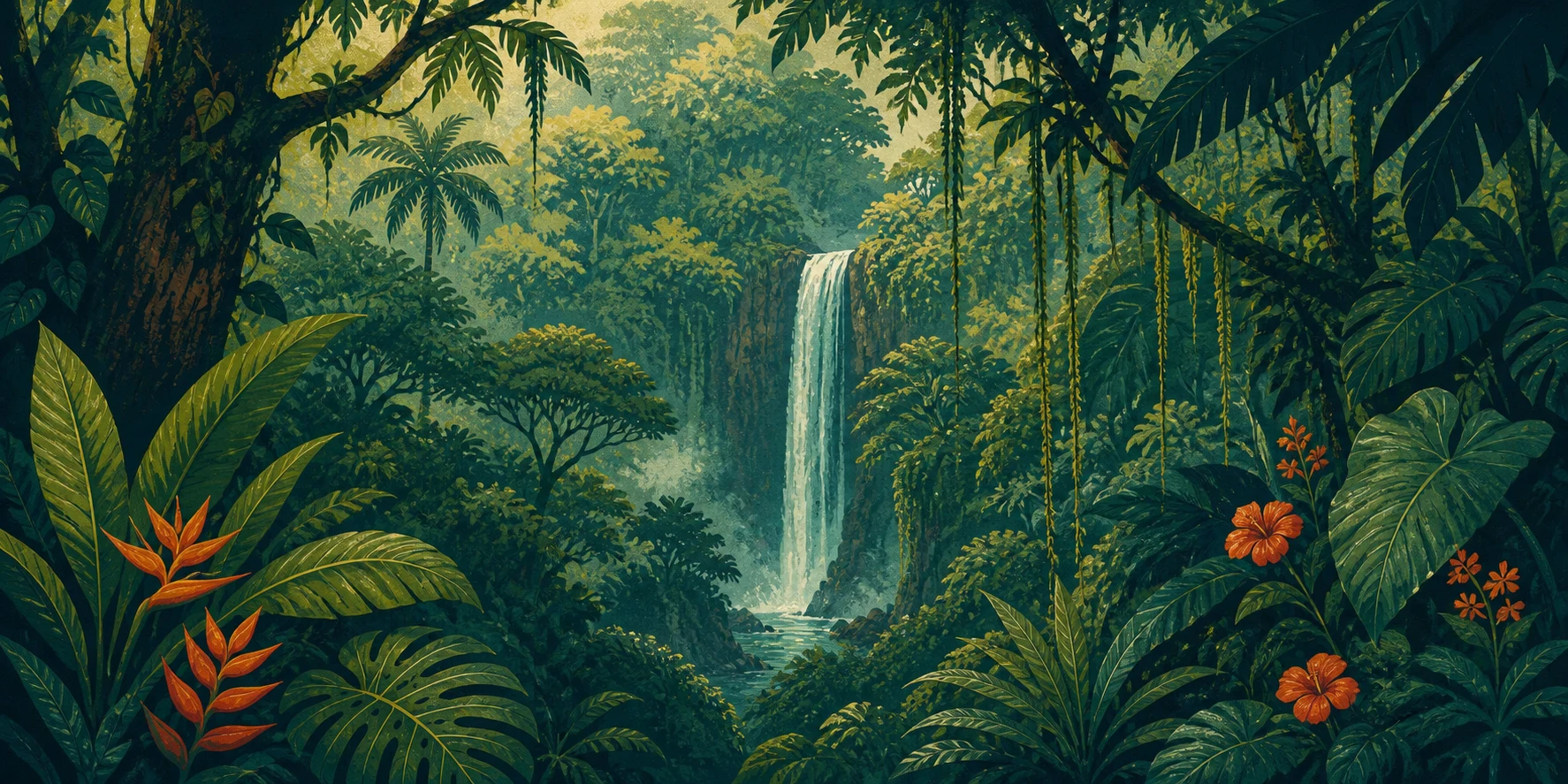Illustration d’une forêt tropicale dense et d’une chute d’eau
