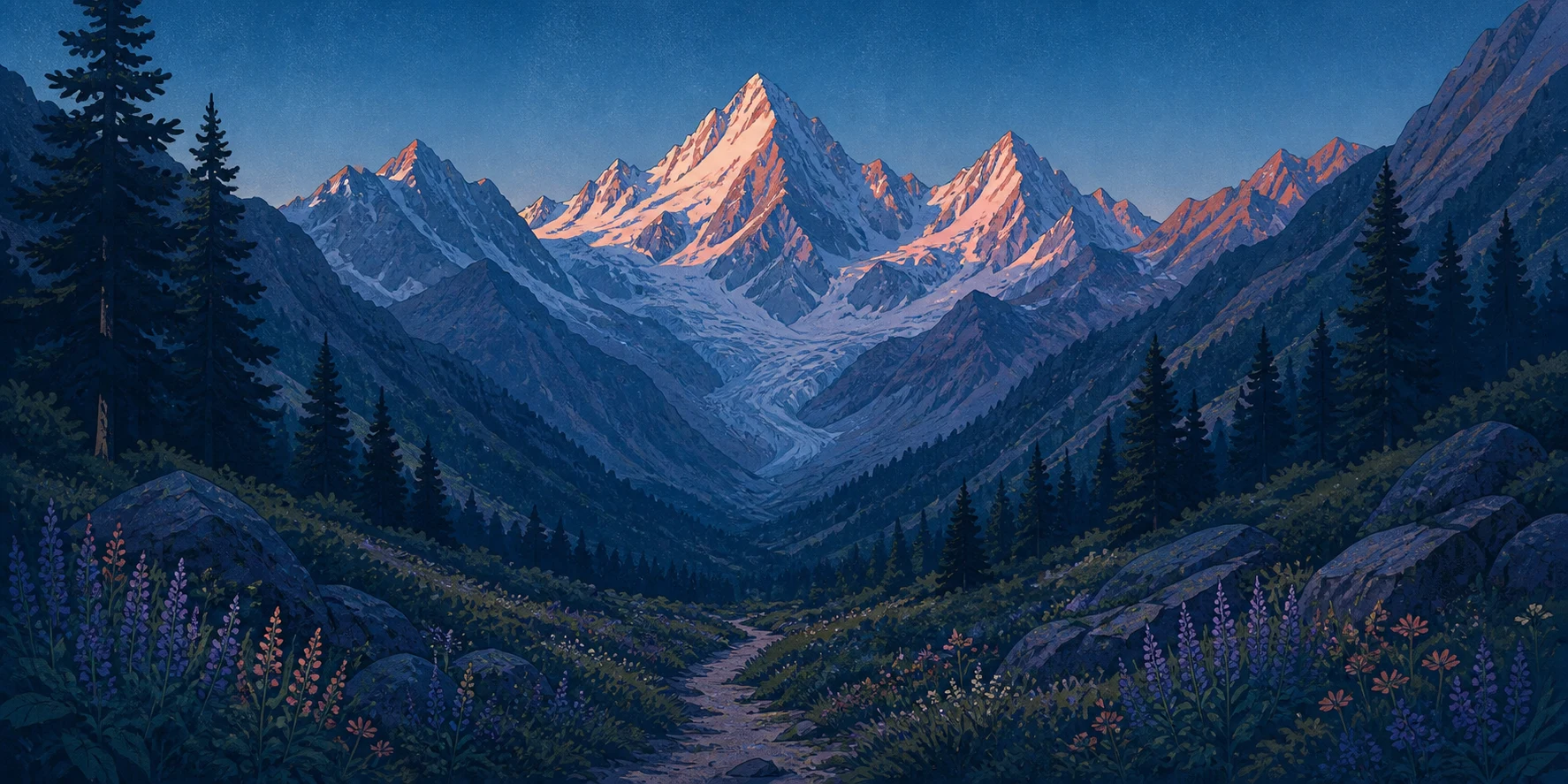Illustration of a trail leading into a glacial mountain valley