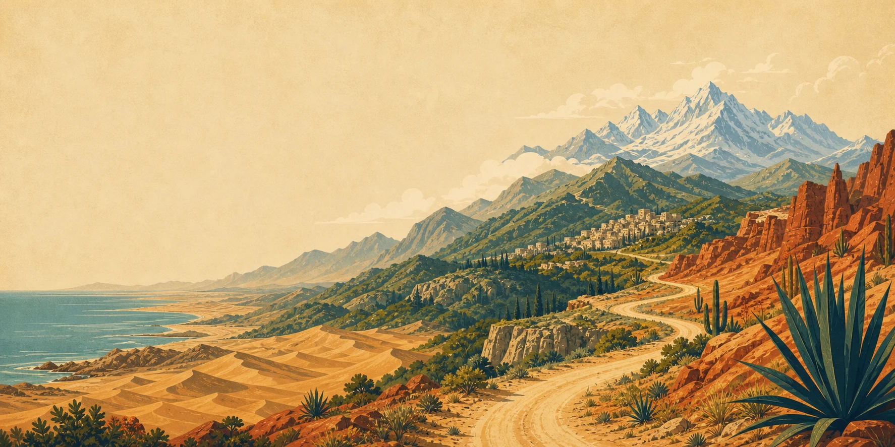Illustration of a route across desert, highlands and mountains