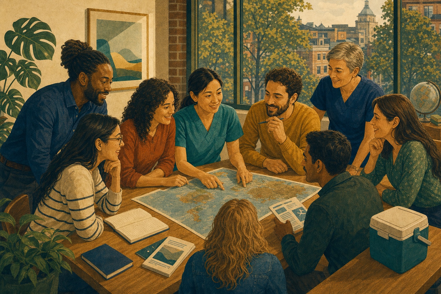 A group prepares for travel with two travel-health nurses