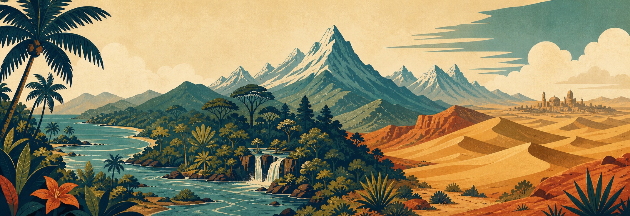 Illustration d’un itinéraire traversant plages, forêts, montagnes et déserts